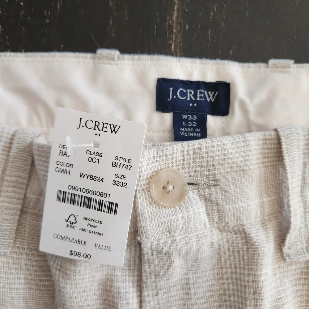 J.Crew Mens 33x32 Classic Fit Linen Trouser Beige‎ Glen Check Plaid Pants NWT